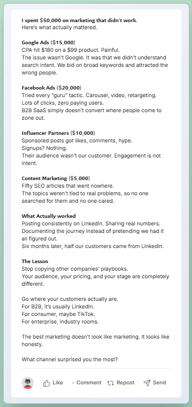 LinkedIn post with bold headers breaking content into scannable sections