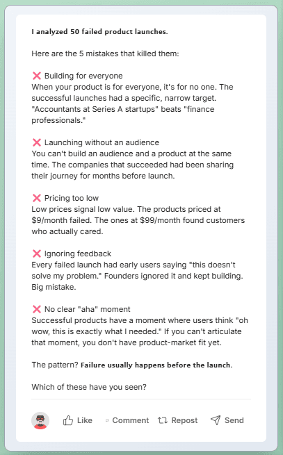 LinkedIn bullet list formatting example showing structured scannable content