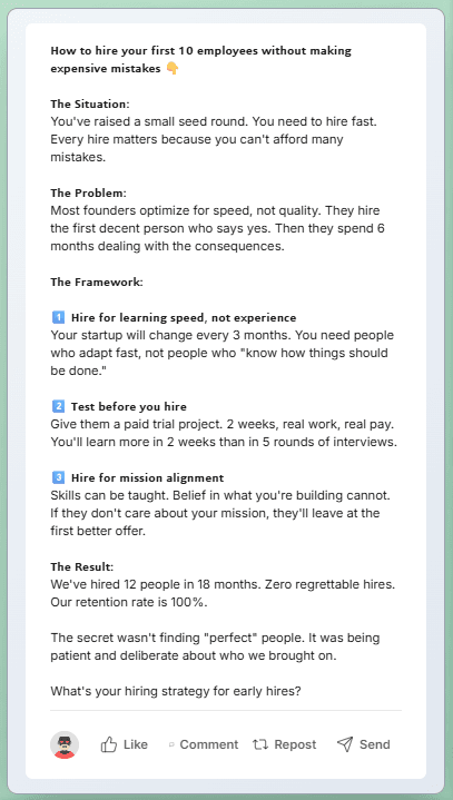 LinkedIn post template patterns showing list, before/after, story, and hot take structures