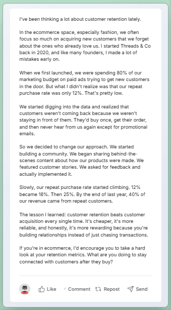 Example of a weak LinkedIn hook that gets scrolled past