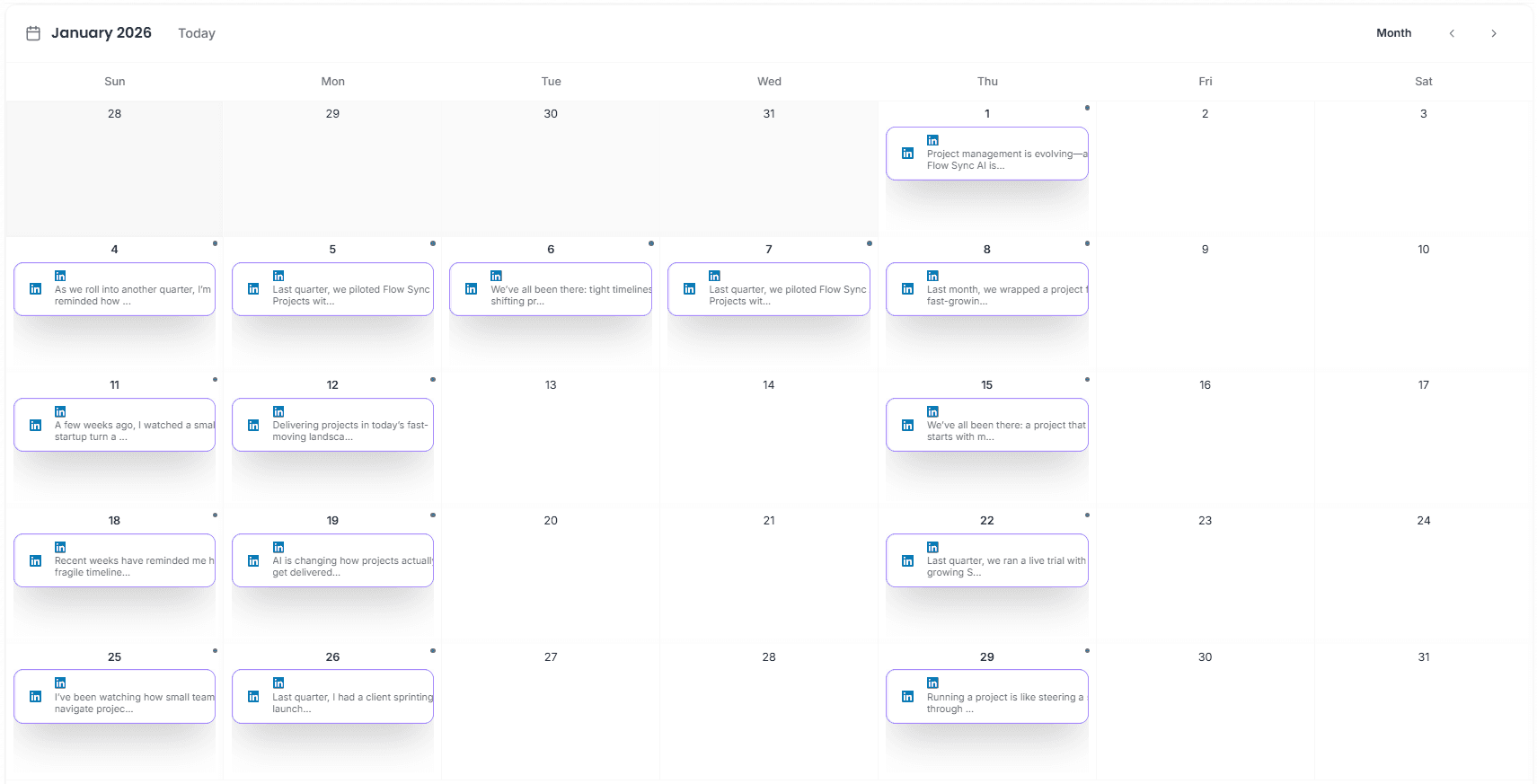 Triorama content calendar showing batch scheduled LinkedIn posts