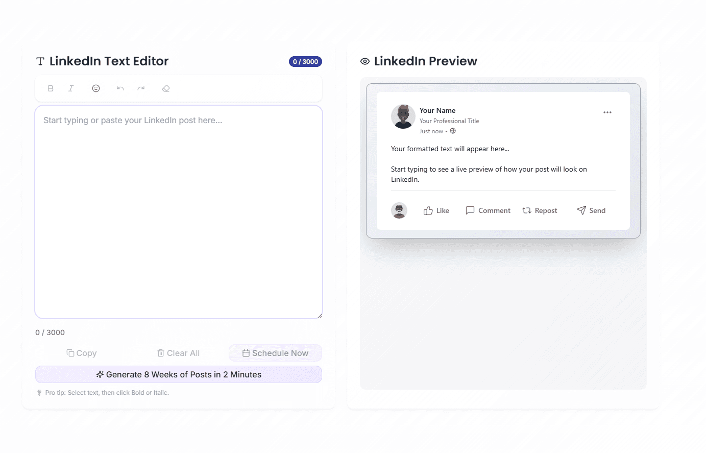 Triorama LinkedIn text formatter interface with editor on left and real-time LinkedIn preview on right