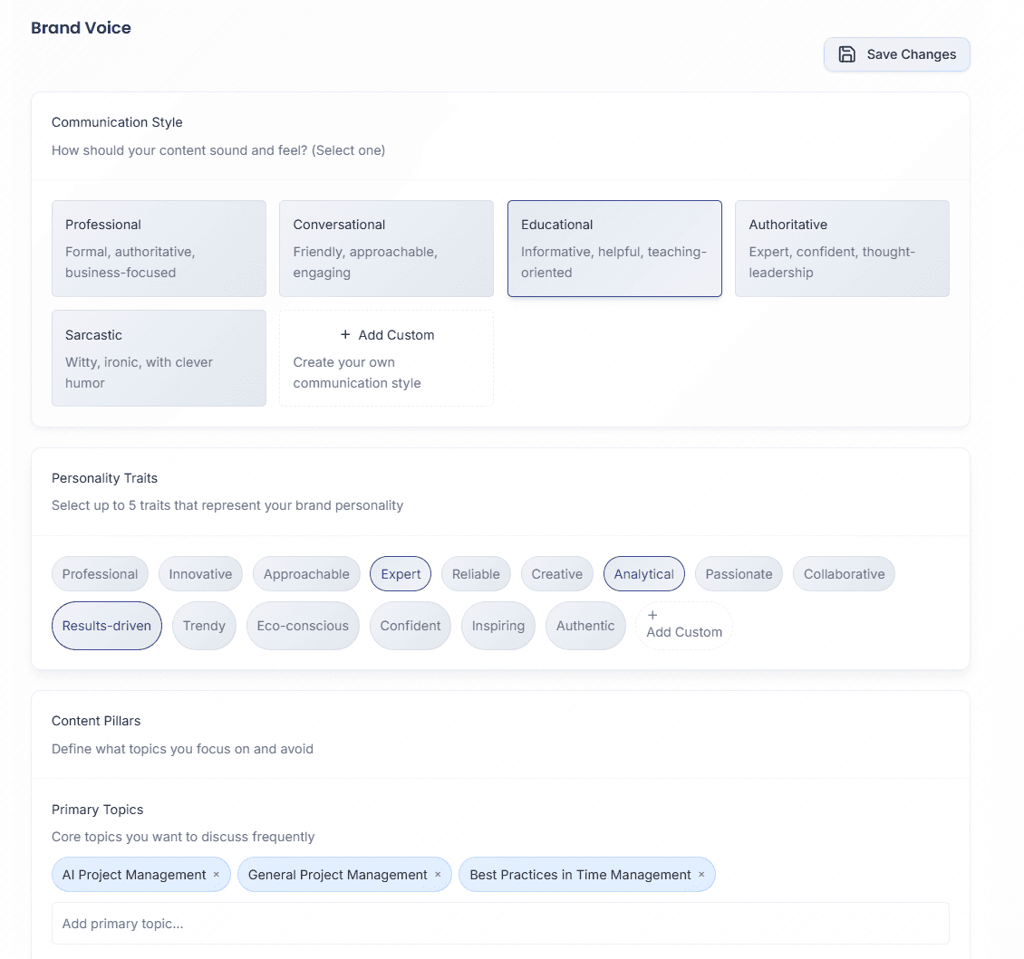 Triorama Knowledge Base brand voice settings for consistent LinkedIn content