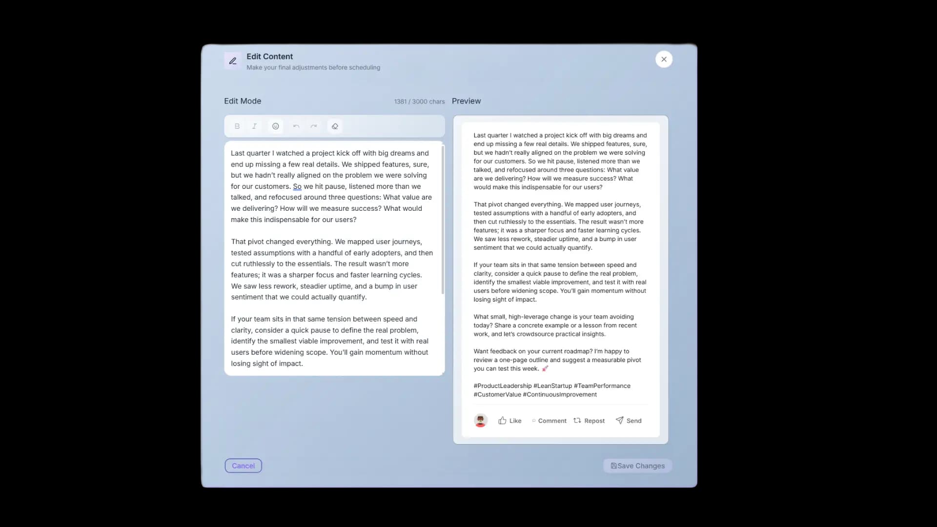 Triorama post editor with real-time LinkedIn preview showing exactly how content will appear