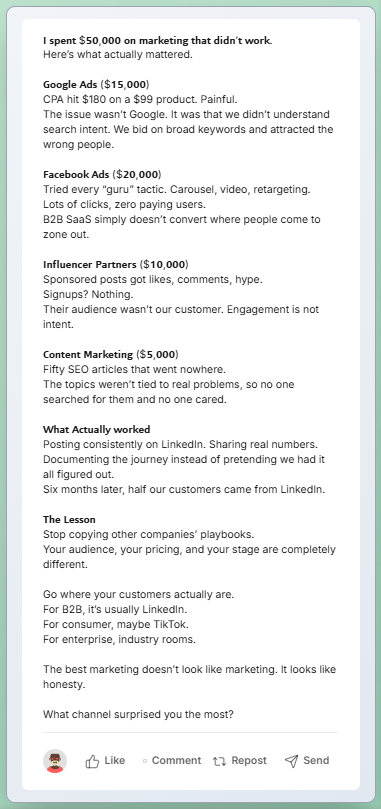 LinkedIn post with bold headers breaking content into scannable sections