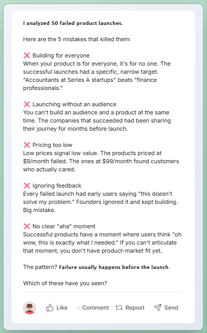 LinkedIn bullet list formatting example showing structured scannable content