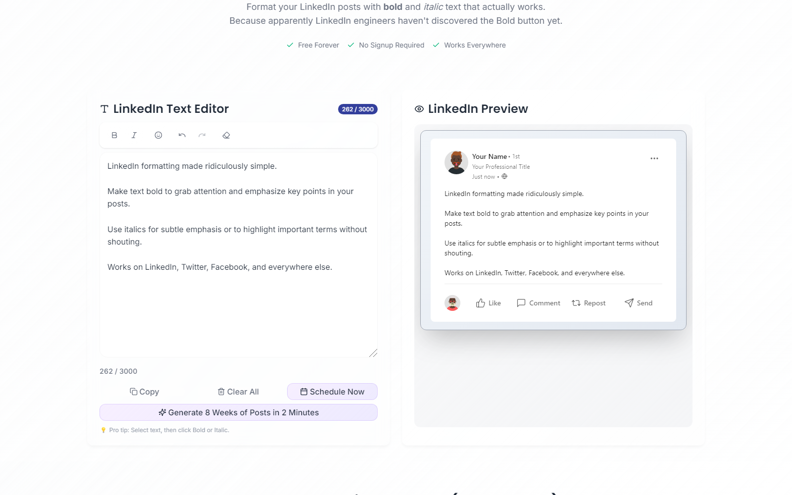 LinkedIn Text Formatter Interface