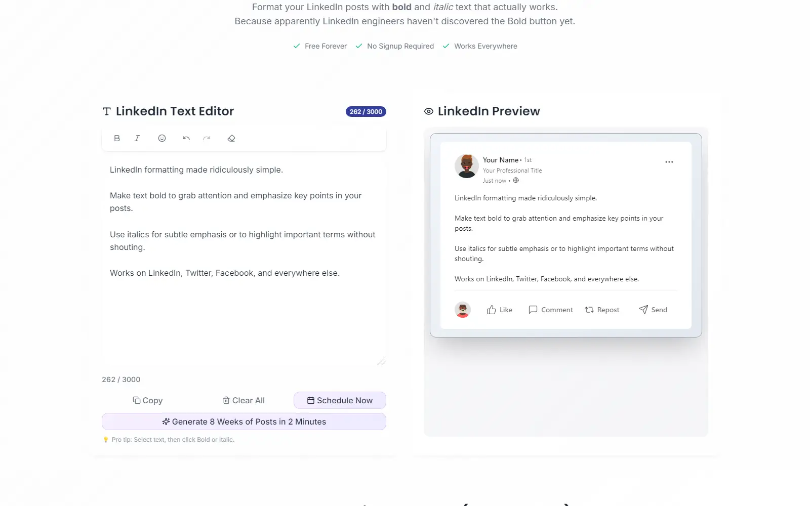 LinkedIn Text Formatter Interface