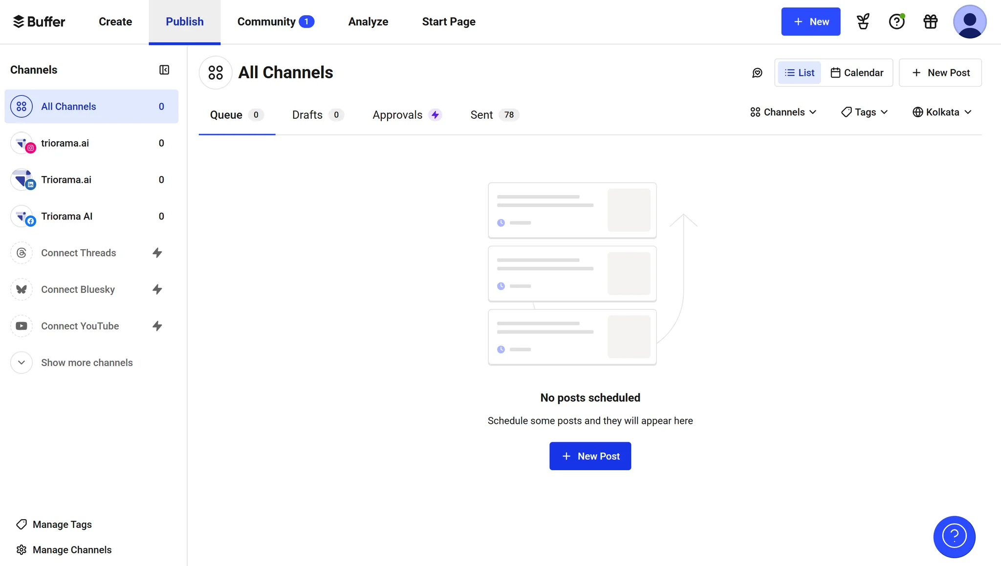 Buffer's LinkedIn scheduling interface showing calendar view and queue
