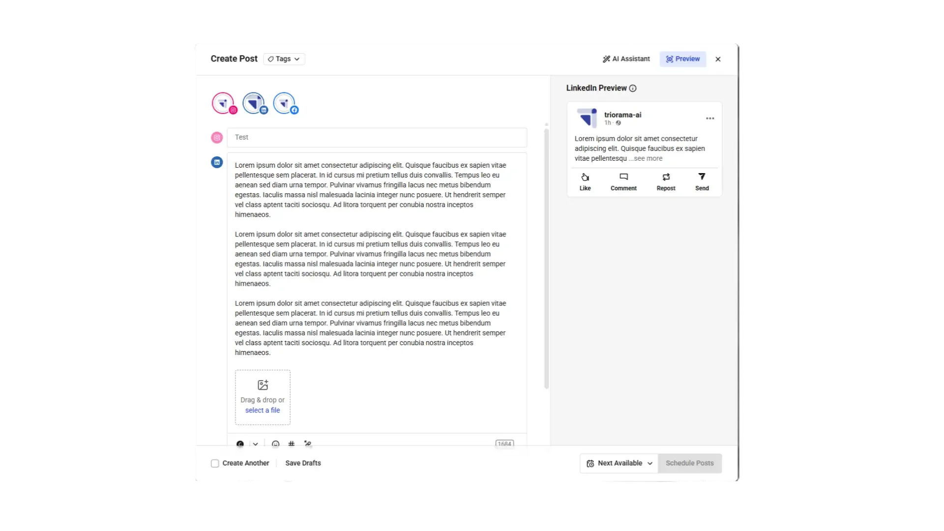 Buffer Post Editor showing multi-platform scheduling interface