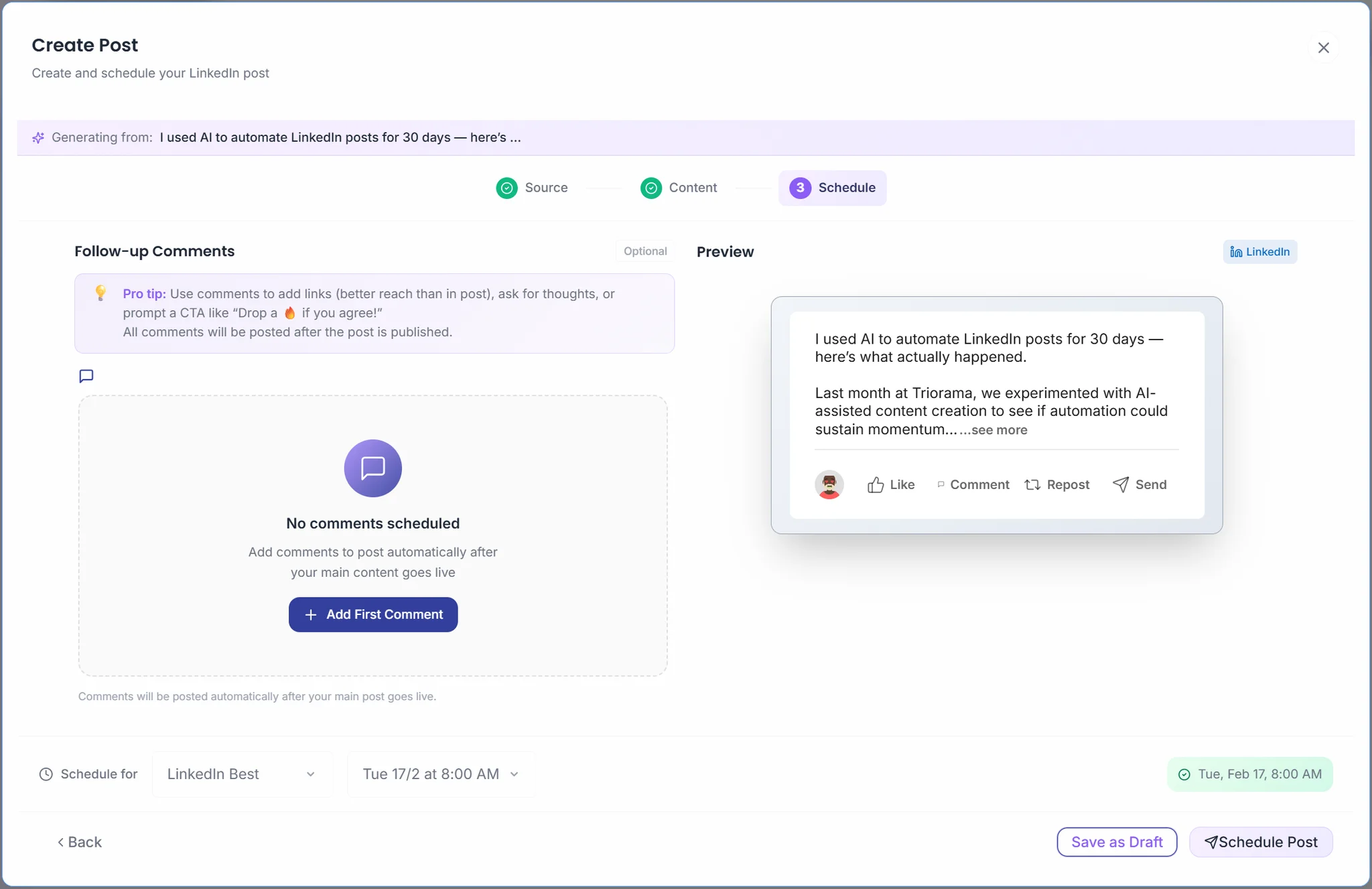 Post Editor Step 3 with scheduling options and follow-up comments