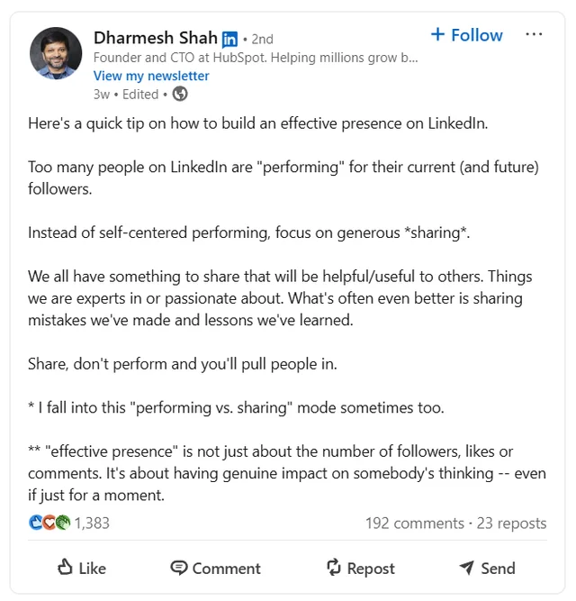 Dharmesh Shah LinkedIn post about sharing vs performing