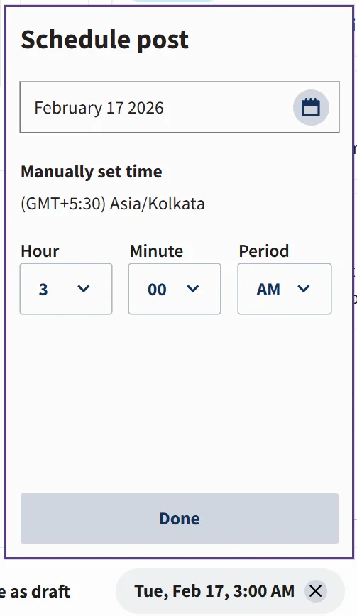 Hootsuite's scheduling interface showing basic calendar and time picker
