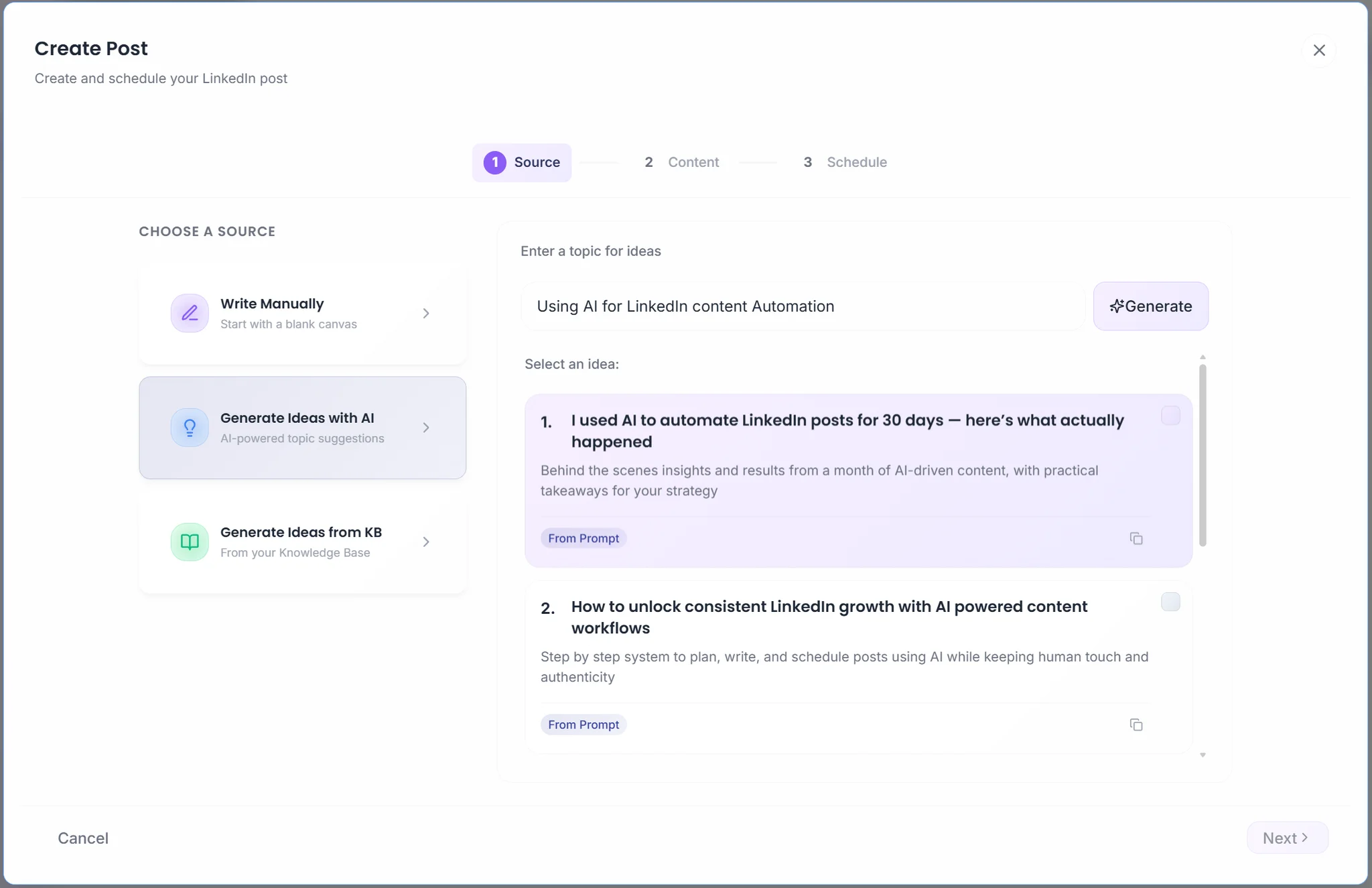 Ideas generating 5 post ideas from a topic