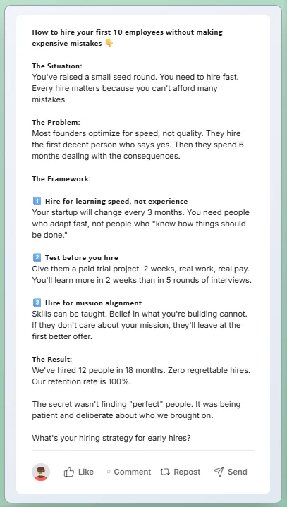 LinkedIn post template patterns showing list, before/after, story, and hot take structures