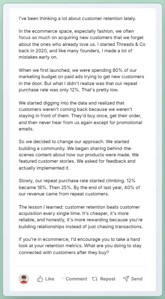 Example of a weak LinkedIn hook that gets scrolled past