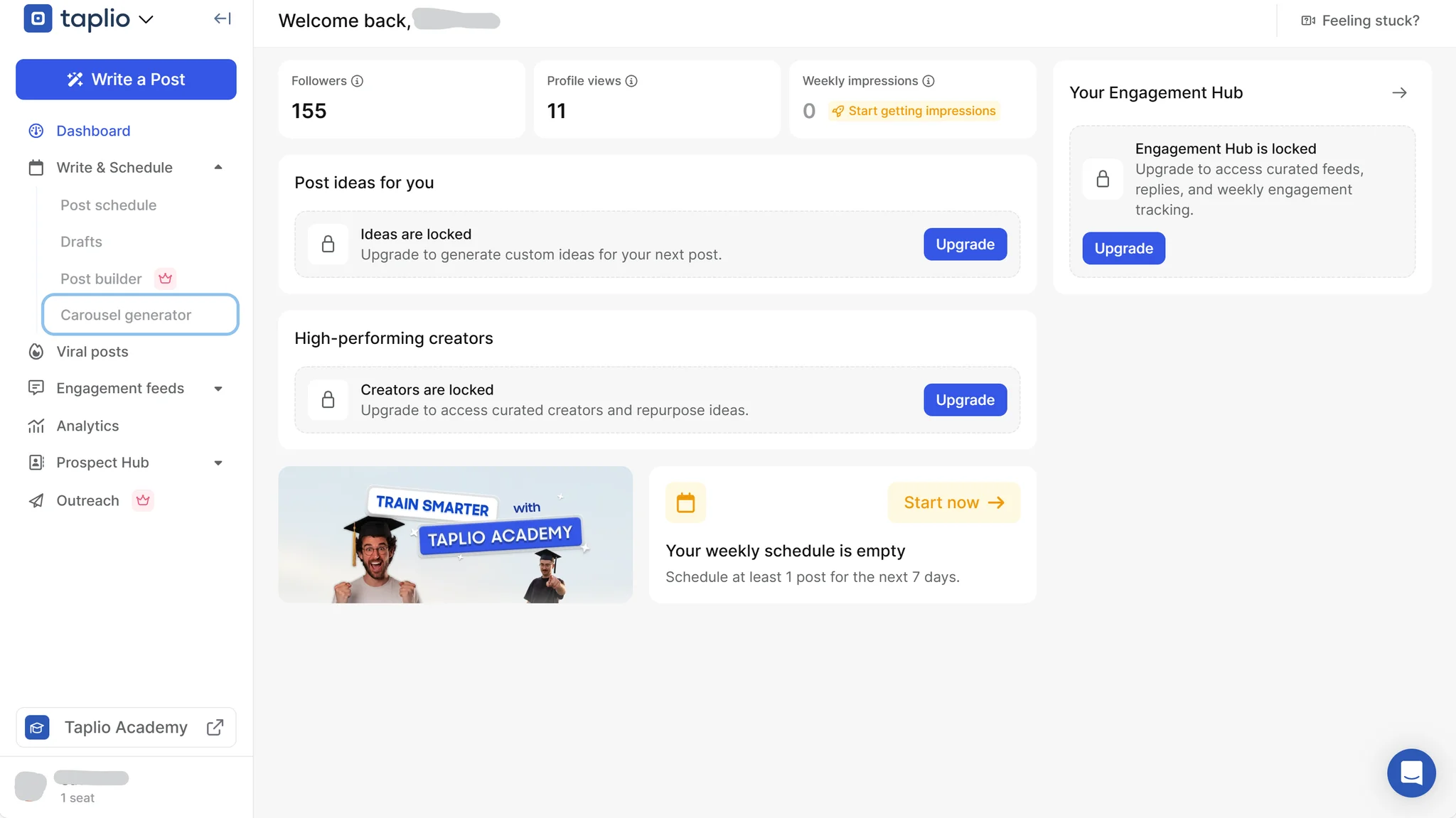 Taplio's LinkedIn content creation dashboard with AI writing and analytics