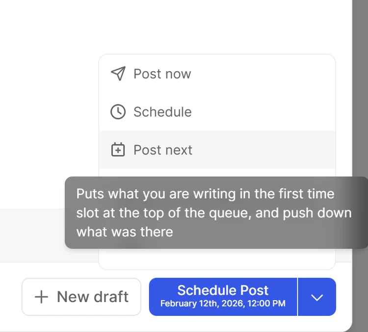 Taplio's scheduling interface showing queue options and timing