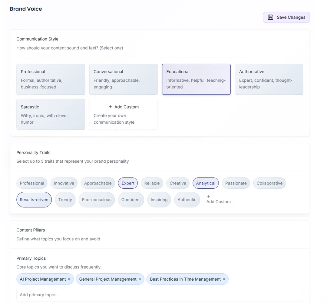 Triorama Knowledge Base brand voice settings for consistent LinkedIn content