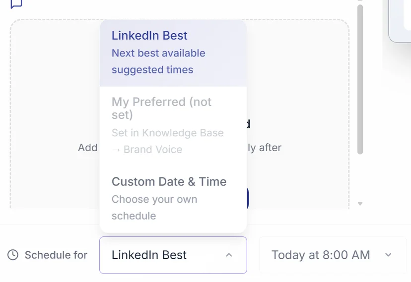 Triorama's Smart Timing interface showing four scheduling modes: LinkedIn Best Times, My Preferred Times, Same Time for All, and Set Per Post
